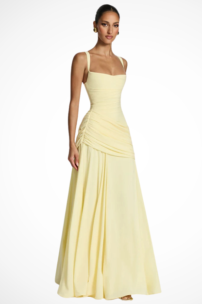 Elegant Women’s Square Neck Ruched A-Line Maxi Wedding Guest Dress