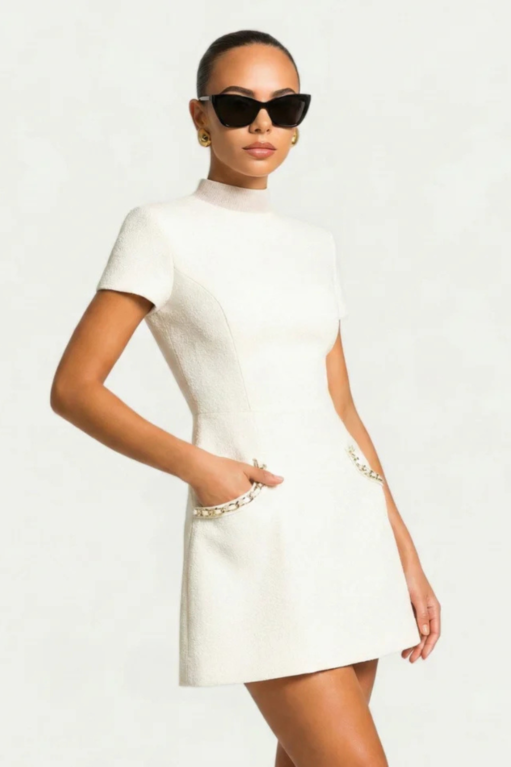 Elegant Women’s Mini Dress with Pearl Trim and Pocket Detail