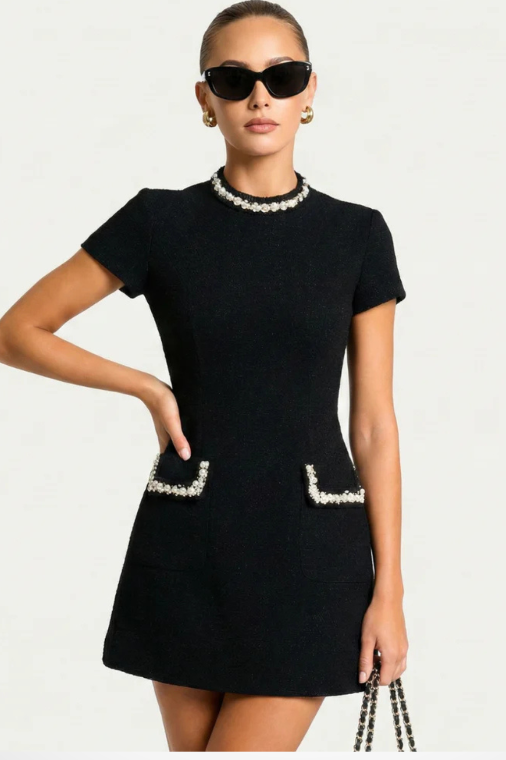 Elegant Women’s Mini Dress with Pearl Trim and Pocket Detail