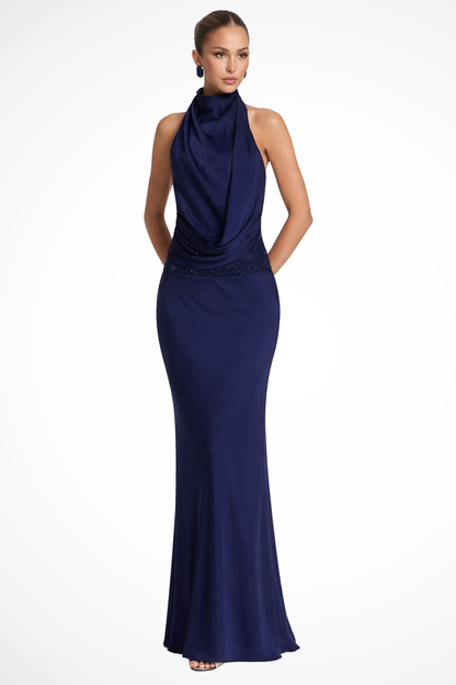 Women’s Sophisticated Open-Back Halter Evening Gown with Sleek Maxi Silhouette