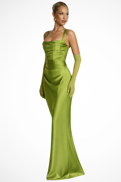Elegant Women’s Square Neck Ruched Satin Maxi Wedding Guest Dress