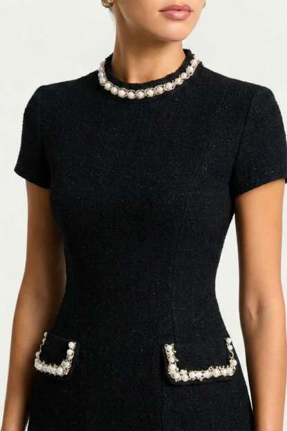 Elegant Women’s Mini Dress with Pearl Trim and Pocket Detail