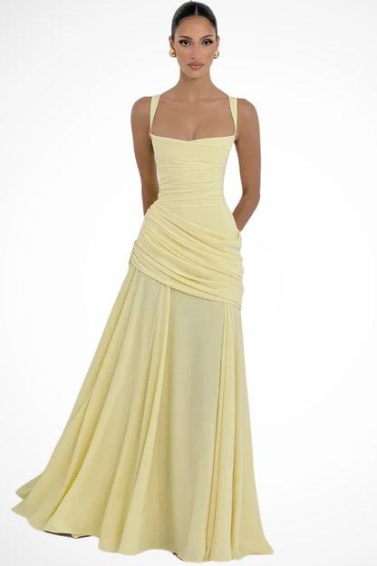 Elegant Women’s Square Neck Ruched A-Line Maxi Wedding Guest Dress