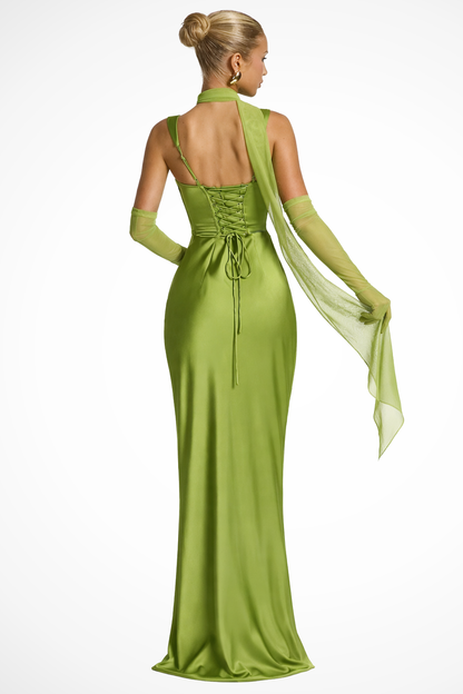 Elegant Women’s Square Neck Ruched Satin Maxi Wedding Guest Dress