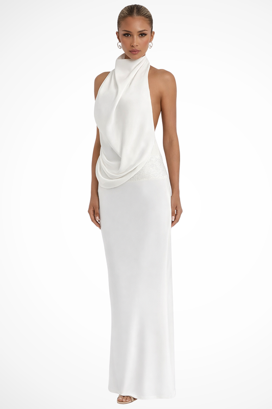 Women’s Sophisticated Open-Back Halter Evening Gown with Sleek Maxi Silhouette