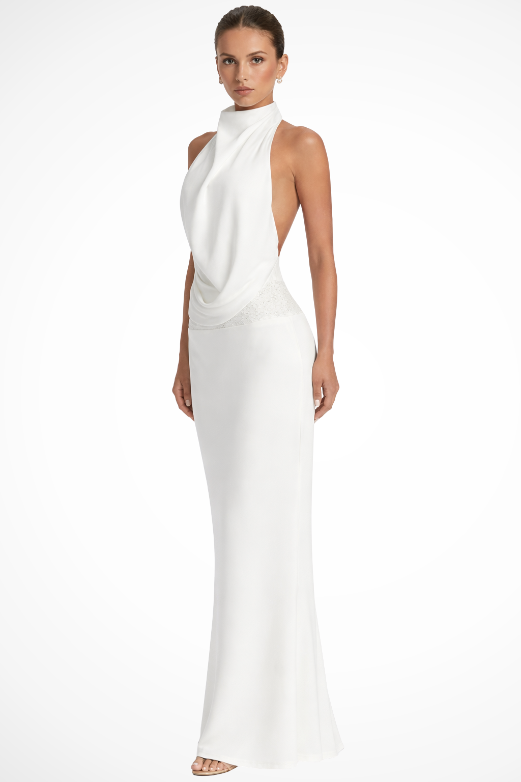 Women’s Sophisticated Open-Back Halter Evening Gown with Sleek Maxi Silhouette