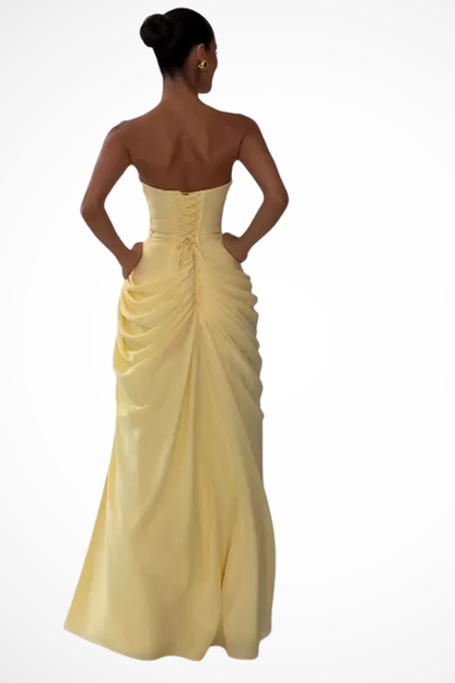 Women’s Strapless Draped High Slit Evening Gown