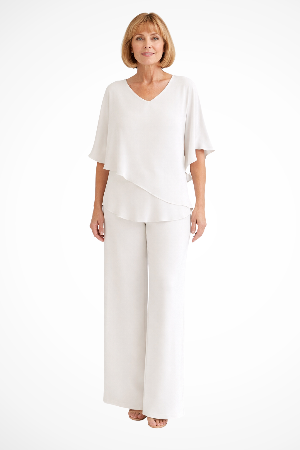 Elegant Women’s Two Piece Set V Neck Batwing Sleeve Top Wide Leg Trousers