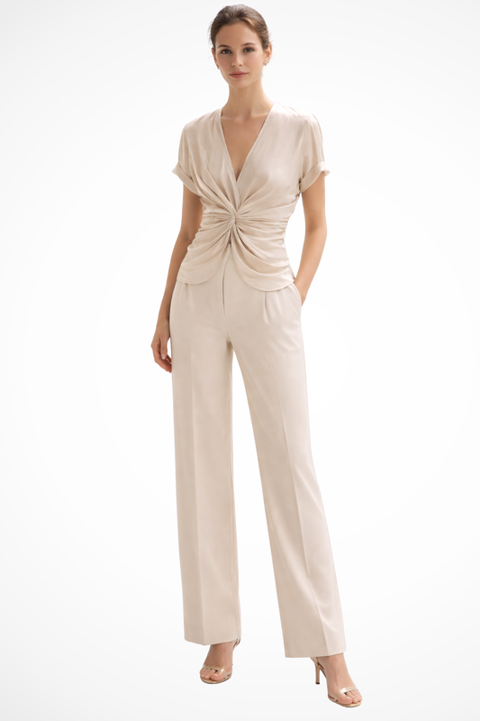 Women’s Elegant Ruched V-Neck Blouse with Twist Front Detail