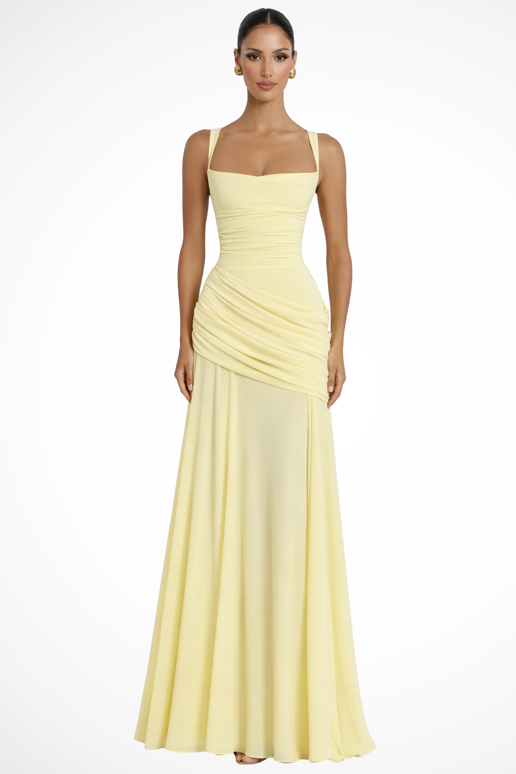 Elegant Women’s Square Neck Ruched A-Line Maxi Wedding Guest Dress