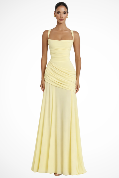 Elegant Women’s Square Neck Ruched A-Line Maxi Wedding Guest Dress
