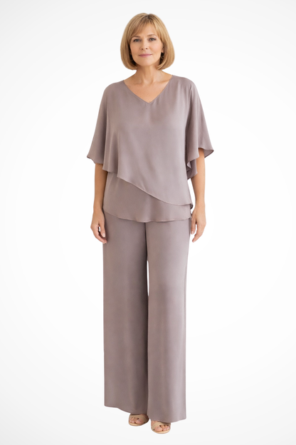 Elegant Women’s Two Piece Set V Neck Batwing Sleeve Top Wide Leg Trousers