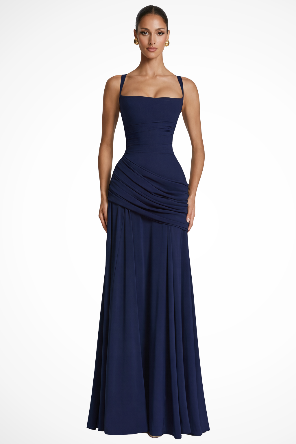 Elegant Women’s Square Neck Ruched A-Line Maxi Wedding Guest Dress