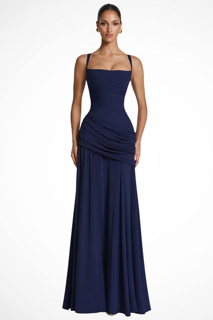Elegant Women’s Square Neck Ruched A-Line Maxi Wedding Guest Dress