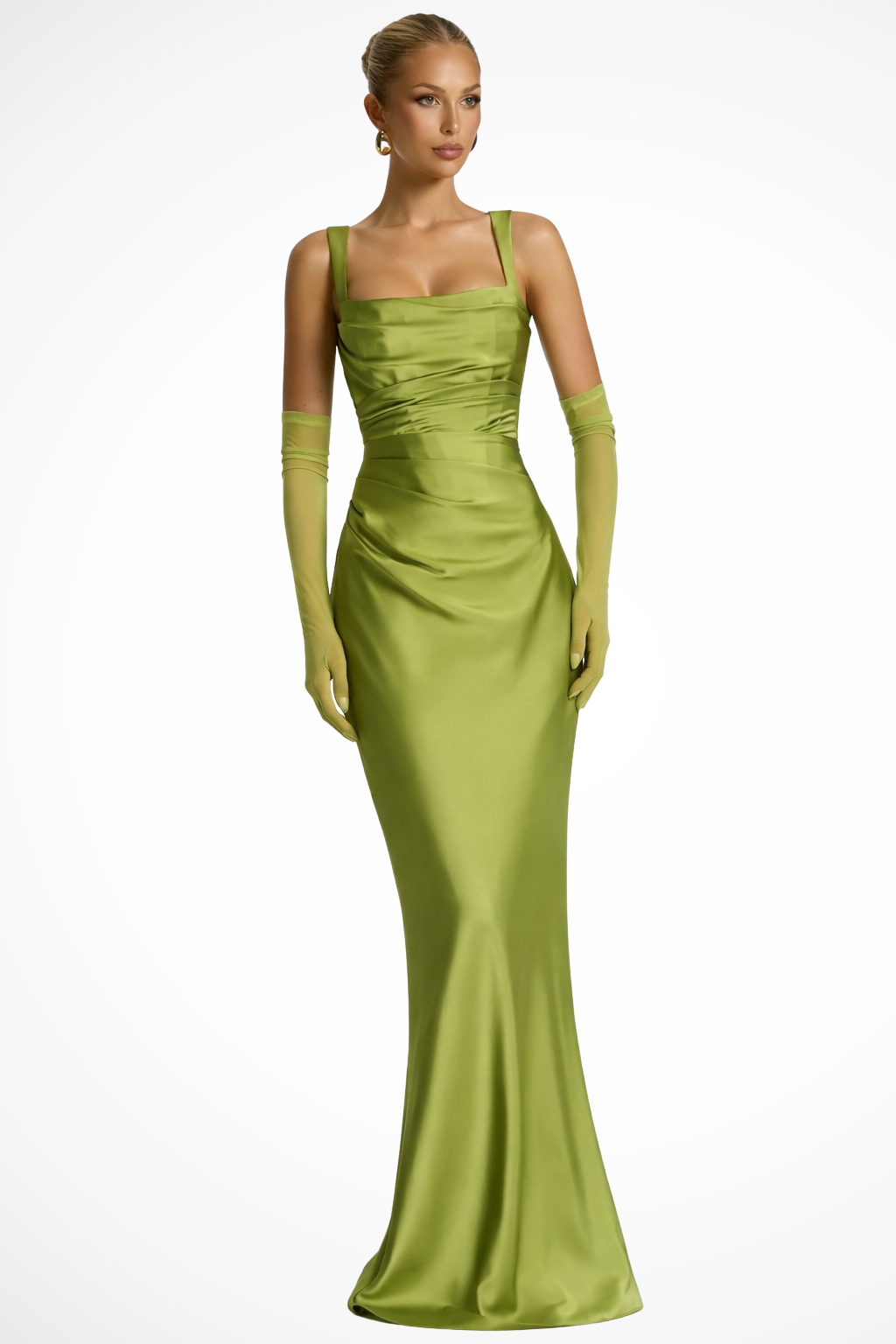 Elegant Women’s Square Neck Ruched Satin Maxi Wedding Guest Dress