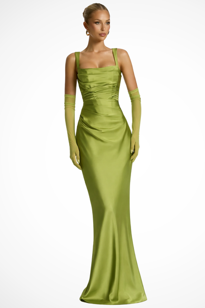 Elegant Women’s Square Neck Ruched Satin Maxi Wedding Guest Dress