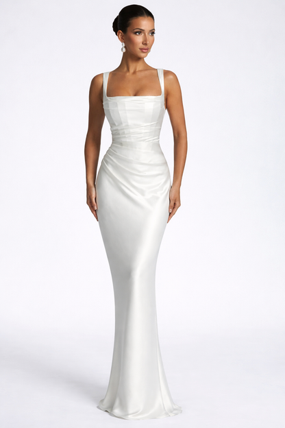 Elegant Women’s Square Neck Ruched Satin Maxi Wedding Guest Dress