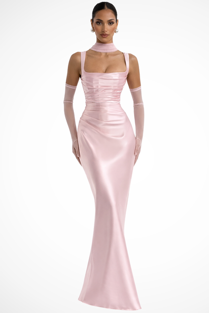 Elegant Women’s Square Neck Ruched Satin Maxi Wedding Guest Dress