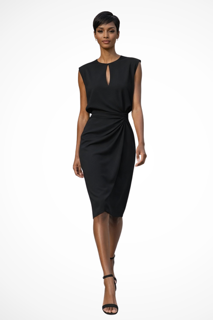 Elegant Women’s Ruched Wrap Midi Dress with Cap Sleeves