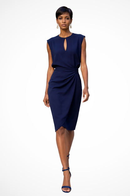 Elegant Women’s Ruched Wrap Midi Dress with Cap Sleeves