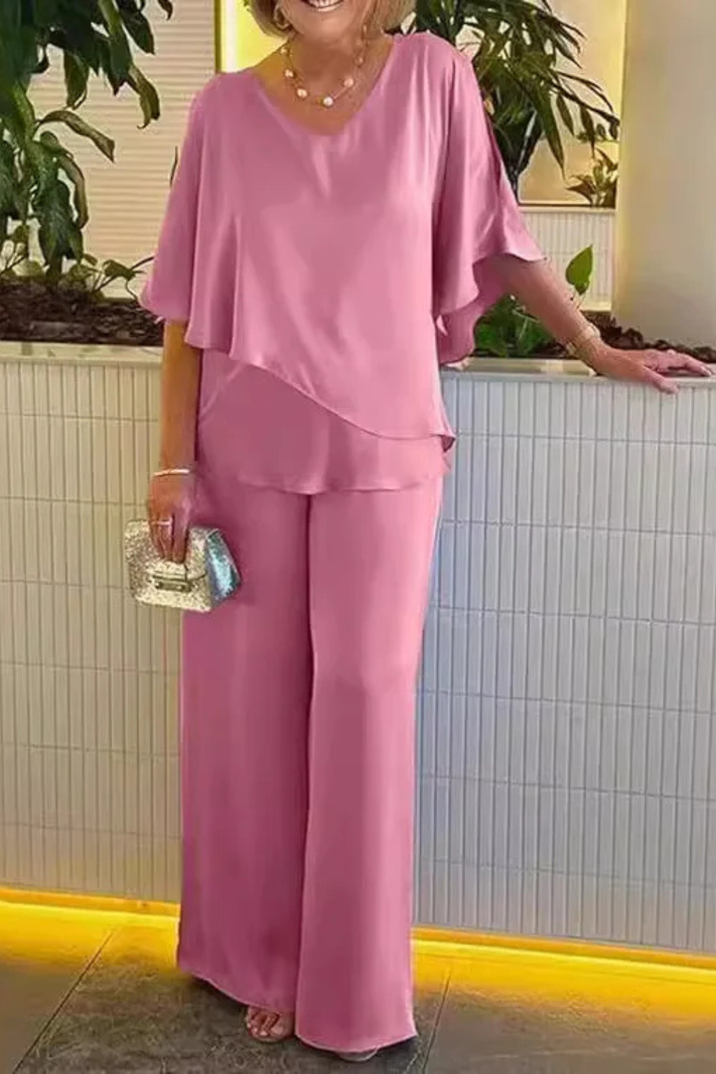 Women’s Elegant Layered Top & Wide Leg Pants Two-Piece Set