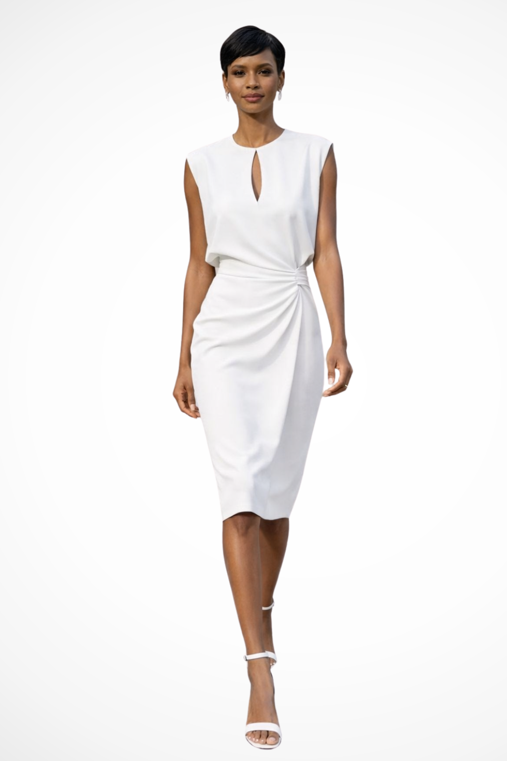 Elegant Women’s Ruched Wrap Midi Dress with Cap Sleeves