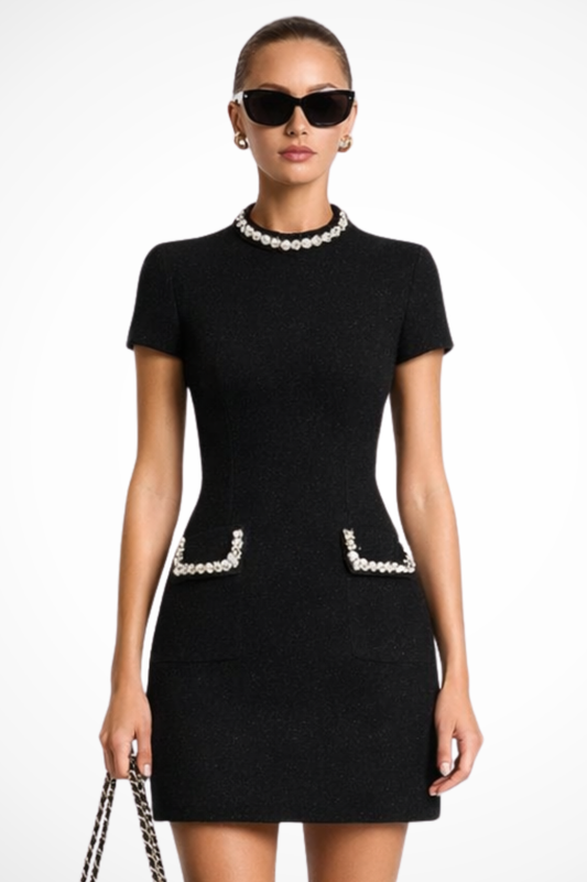 Elegant Women’s Mini Dress with Pearl Trim and Pocket Detail