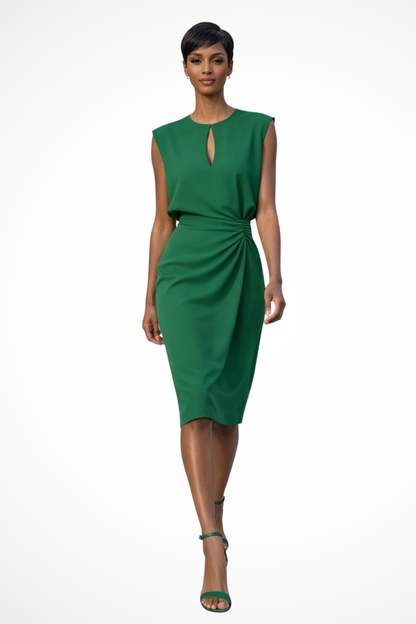Elegant Women’s Ruched Wrap Midi Dress with Cap Sleeves