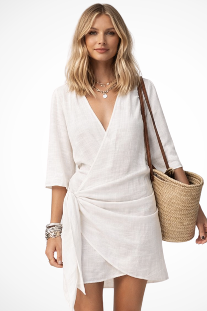 Elegant Women’s Wrap Mini Dress with Tie Waist and Short Sleeves