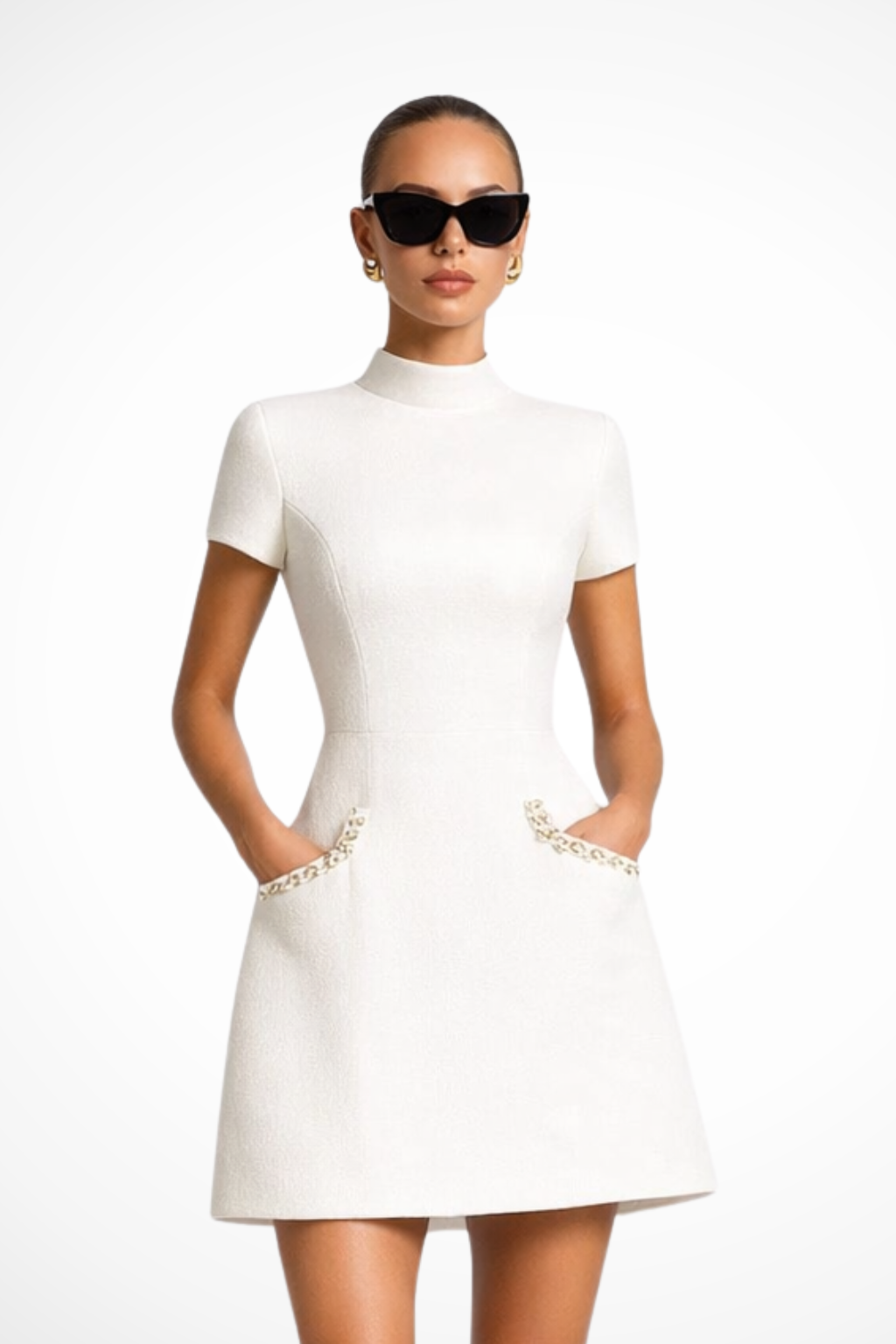 Elegant Women’s Mini Dress with Pearl Trim and Pocket Detail