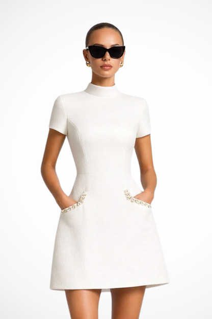 Elegant Women’s Mini Dress with Pearl Trim and Pocket Detail