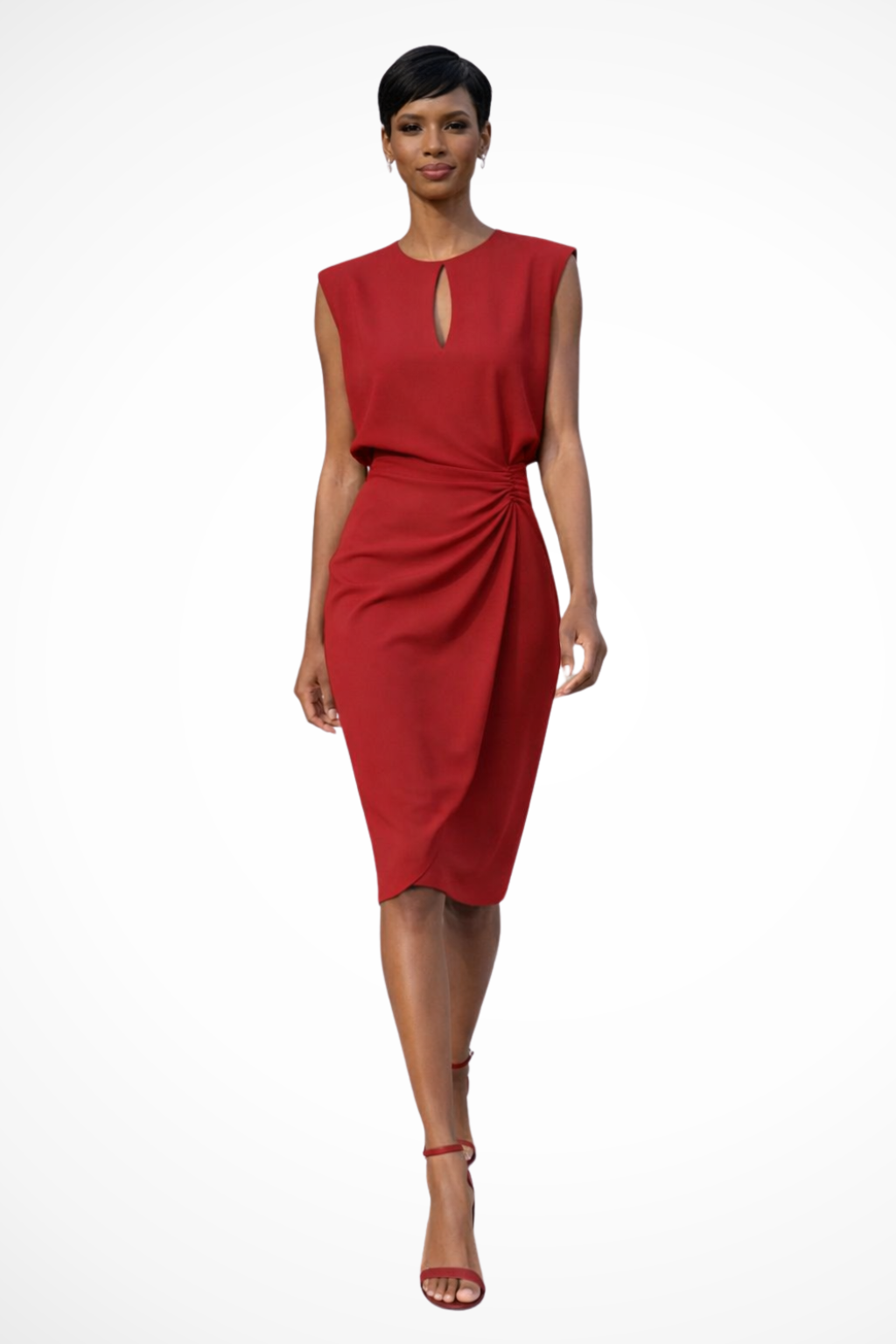 Elegant Women’s Ruched Wrap Midi Dress with Cap Sleeves