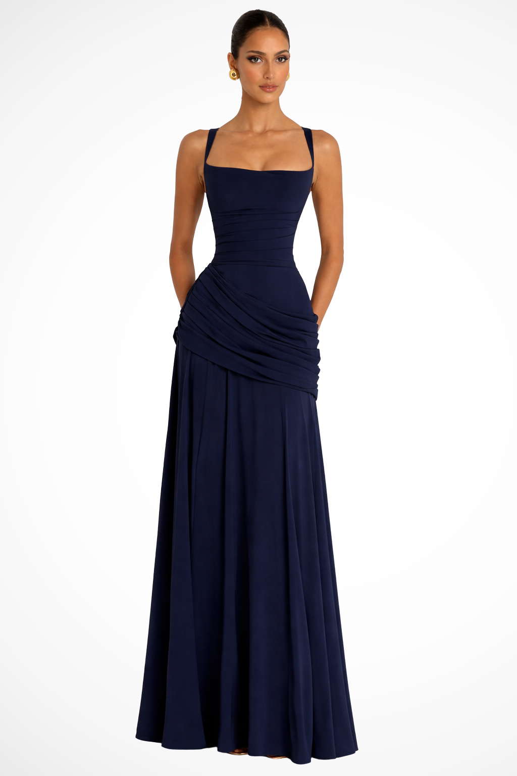 Elegant Women’s Square Neck Ruched A-Line Maxi Wedding Guest Dress