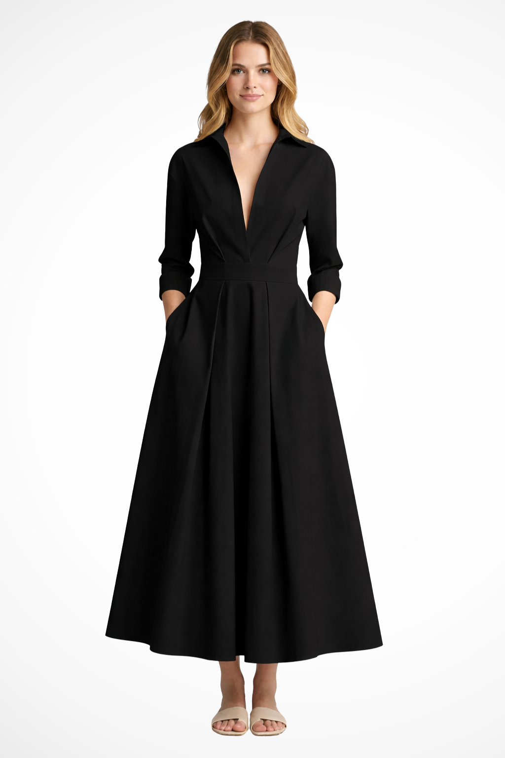 Elegant Women’s Collared Button-Front Midi Dress