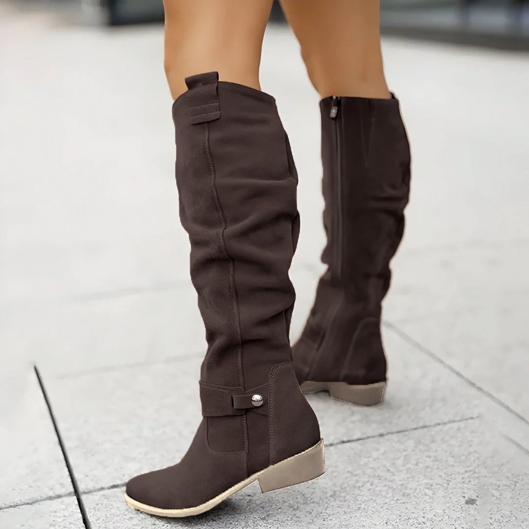 Women’s Knee High Boots with Low Block Heel and Relaxed Fit