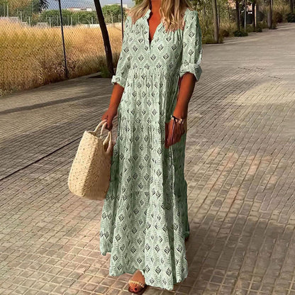 Women's Relaxed V-Neck All-Over Boho Print Maxi Dress