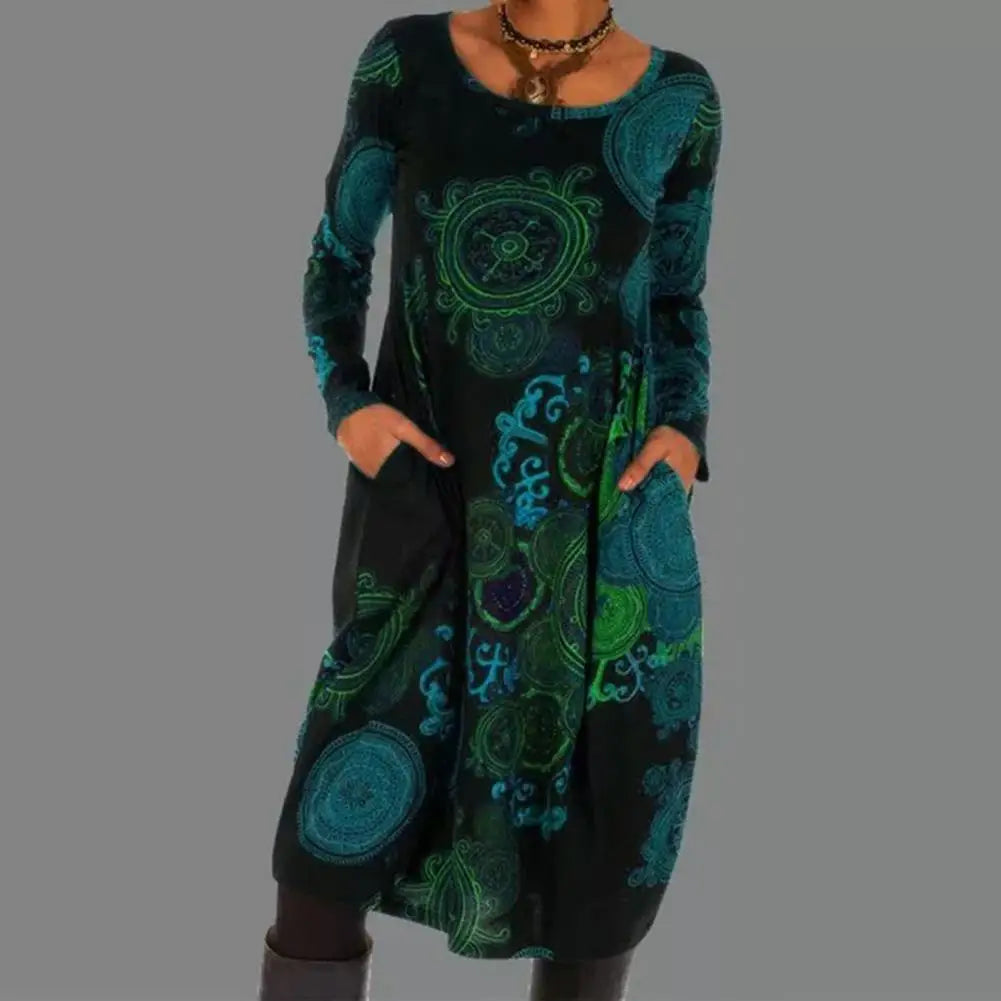 Boho Midi Dress Long Sleeve Floral Printed