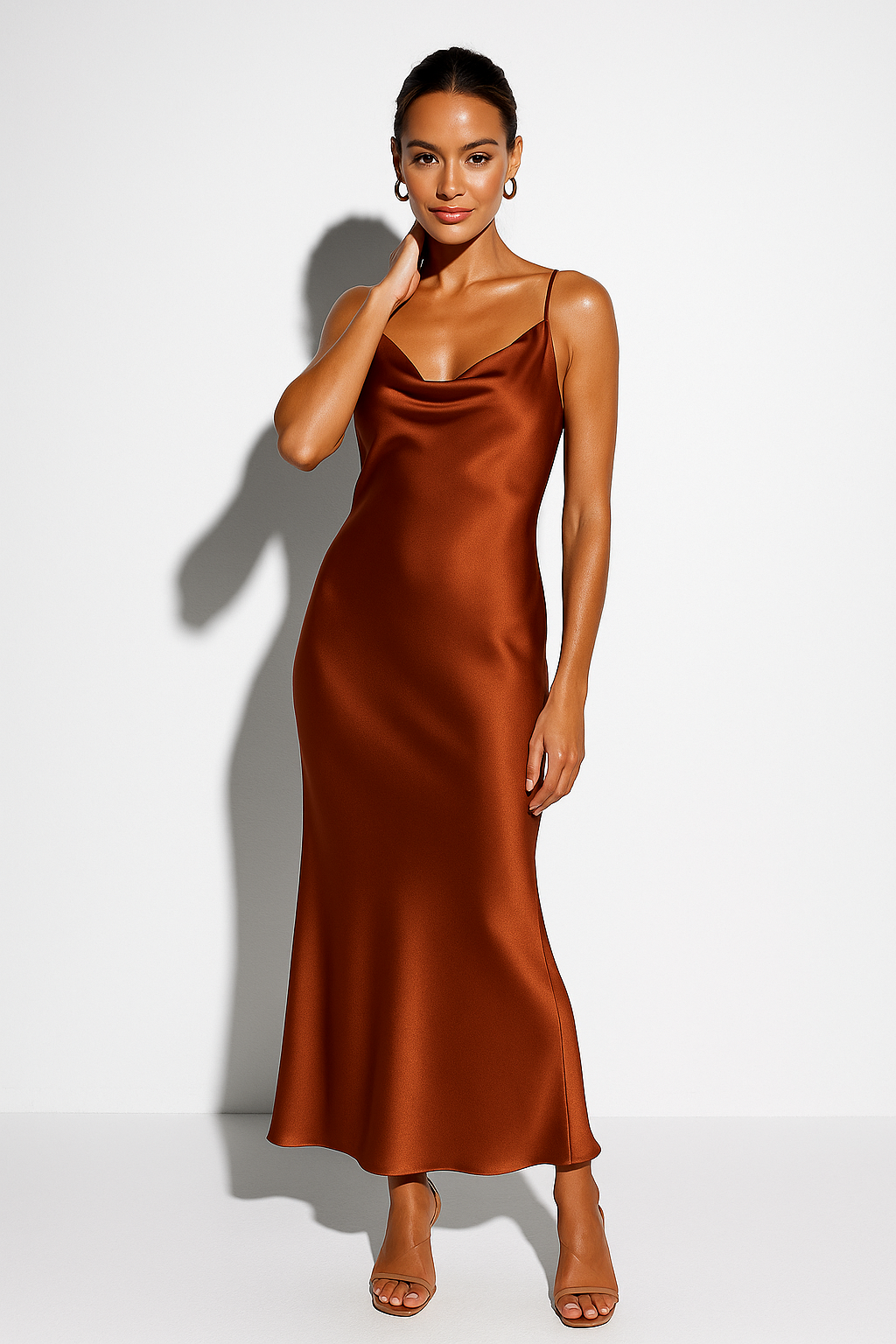 Elegant Draped Cowl Neck Midi Dress for Women