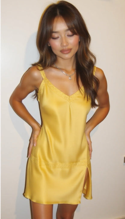 Adele Satin Mini Dress with Lace V-Neckline for Women