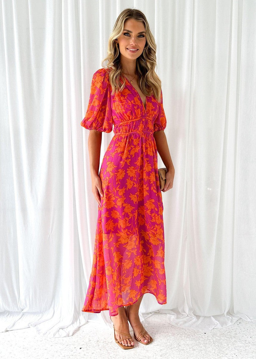 Women's Floral V-Neck Maxi Dress with Puff Sleeves and Flowing Romantic Silhouette