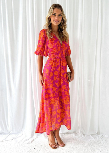Women's Floral V-Neck Maxi Dress with Puff Sleeves and Flowing Romantic Silhouette