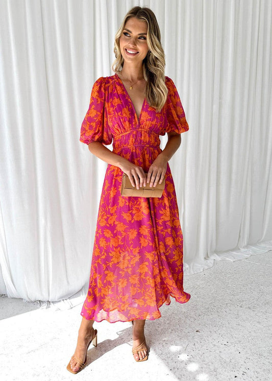 Women's Floral V-Neck Maxi Dress with Puff Sleeves and Flowing Romantic Silhouette