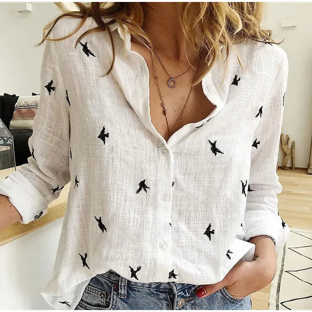 Women’s Casual Bird Print Button-Up Blouse