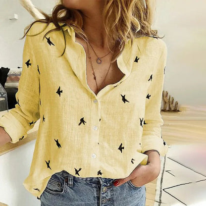 Women’s Casual Bird Print Button-Up Blouse