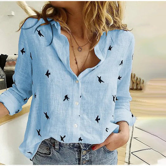 Women’s Casual Bird Print Button-Up Blouse