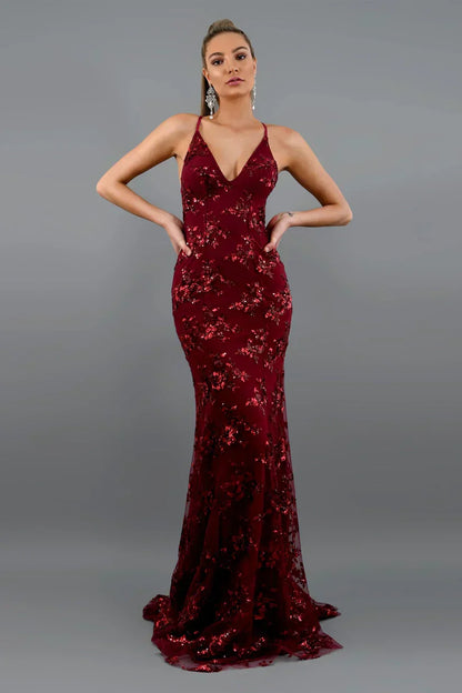 Sequin Mermaid Evening Dress V-Neck Formal Gown Women