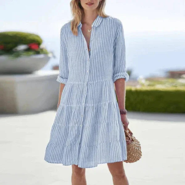 Women’s Striped Button Up Long Sleeve Mini Shirt Dress
