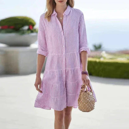 Women’s Striped Button Up Long Sleeve Mini Shirt Dress