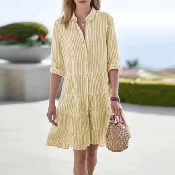 Women’s Striped Button Up Long Sleeve Mini Shirt Dress