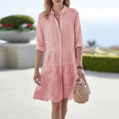 Women’s Striped Button Up Long Sleeve Mini Shirt Dress